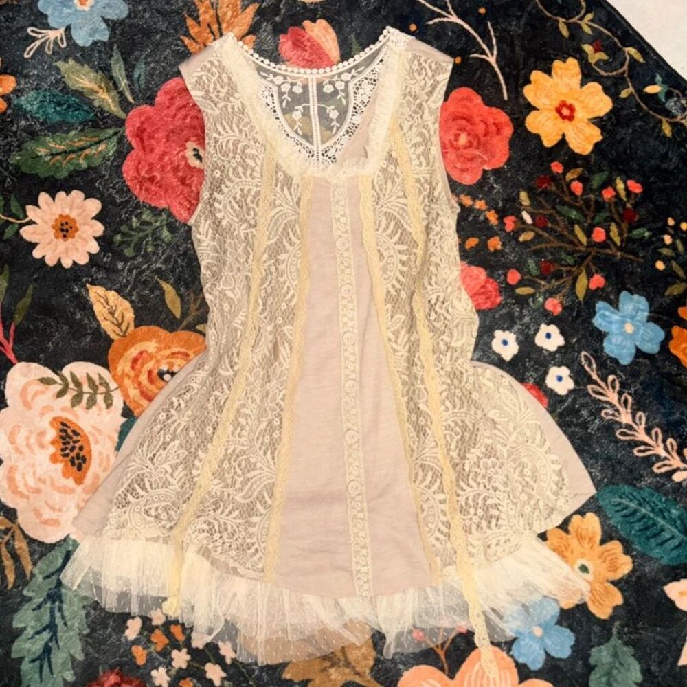 Pretty Angel Boho Lace Tulle Ruffle Tiered Tunic Tank Top Small